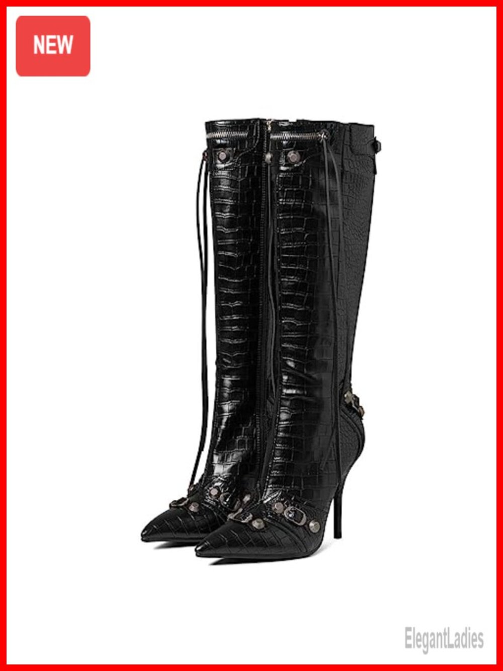 Knee High Boots Pointed Toe Stiletto Studded Heel Patent Leather